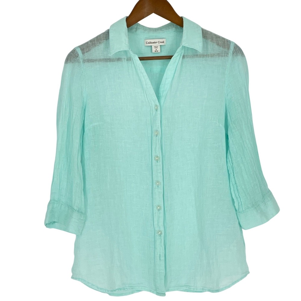 Coldwater Creek Womens Top Size M Button Down Seafoam Linen Blend 3/4 Slv